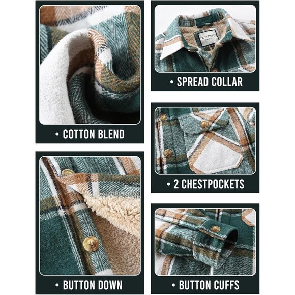 Men'sGreen/KhakiSherpa Lined Button Down Flannel Shirt Jacket Plaid Soft - Picture 7 of 7